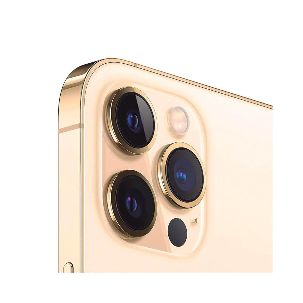 Smartphone dorato con tripla fotocamera e flash sul pannello posteriore.
