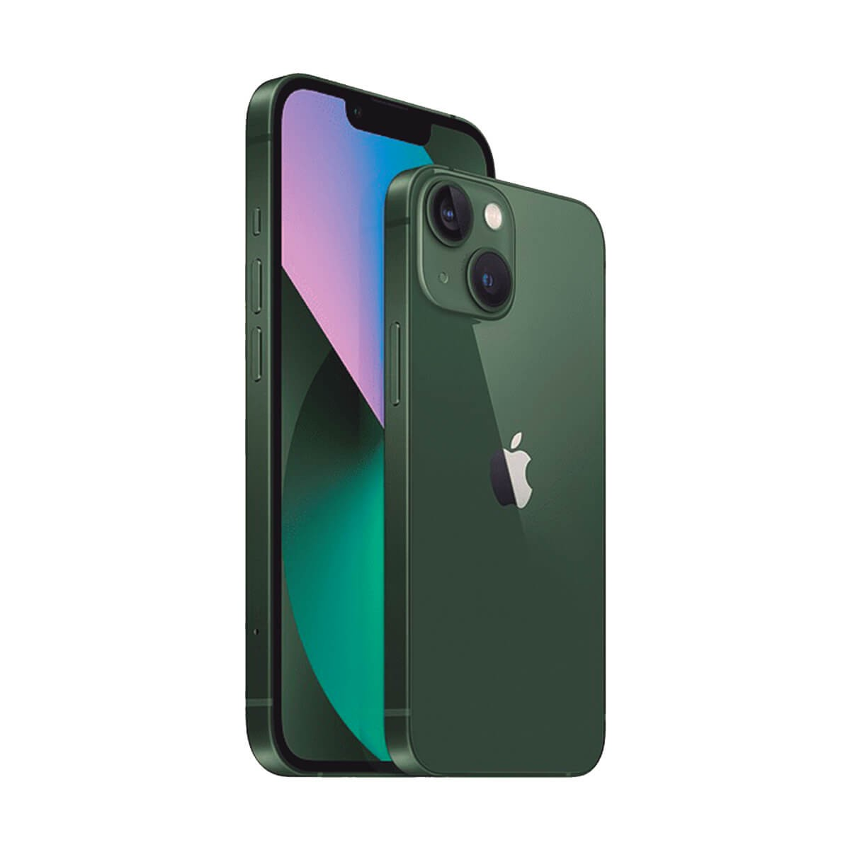 Due smartphone verdi, uno che mostra lo schermo, l'altro il retro con doppia fotocamera e logo Apple.