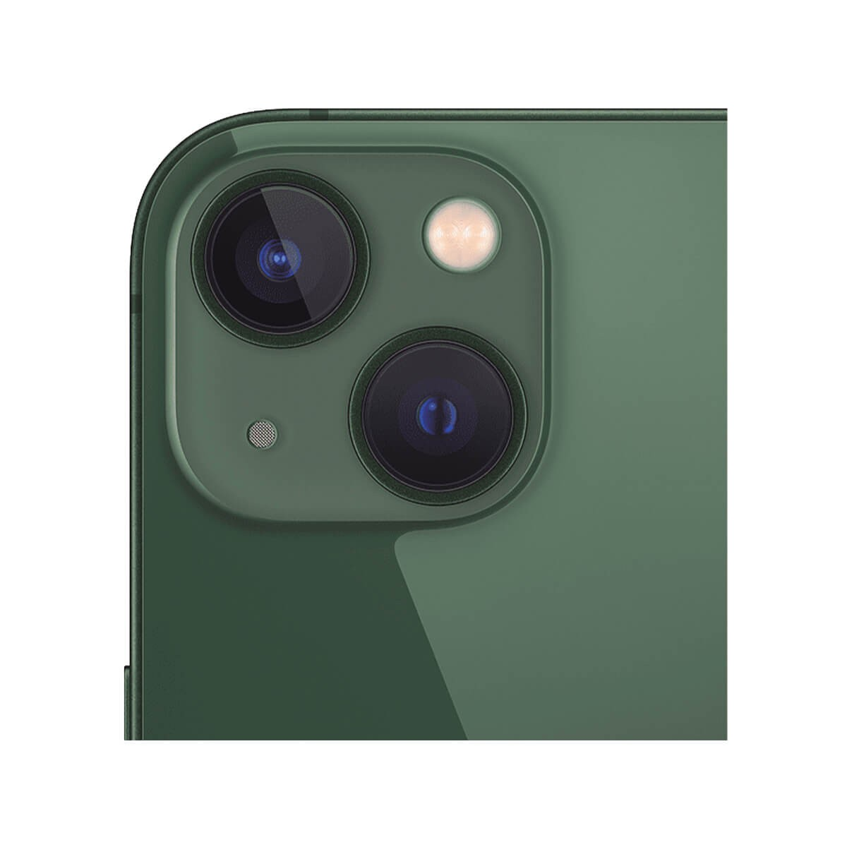 Primo piano della fotocamera posteriore di un iPhone verde con due lenti diagonali.