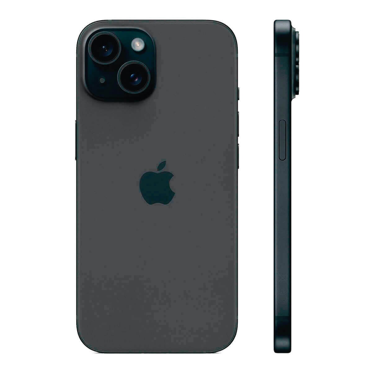 Tył i profil boczny ciemnego smartfona z podwójnym aparatem i logo Apple.