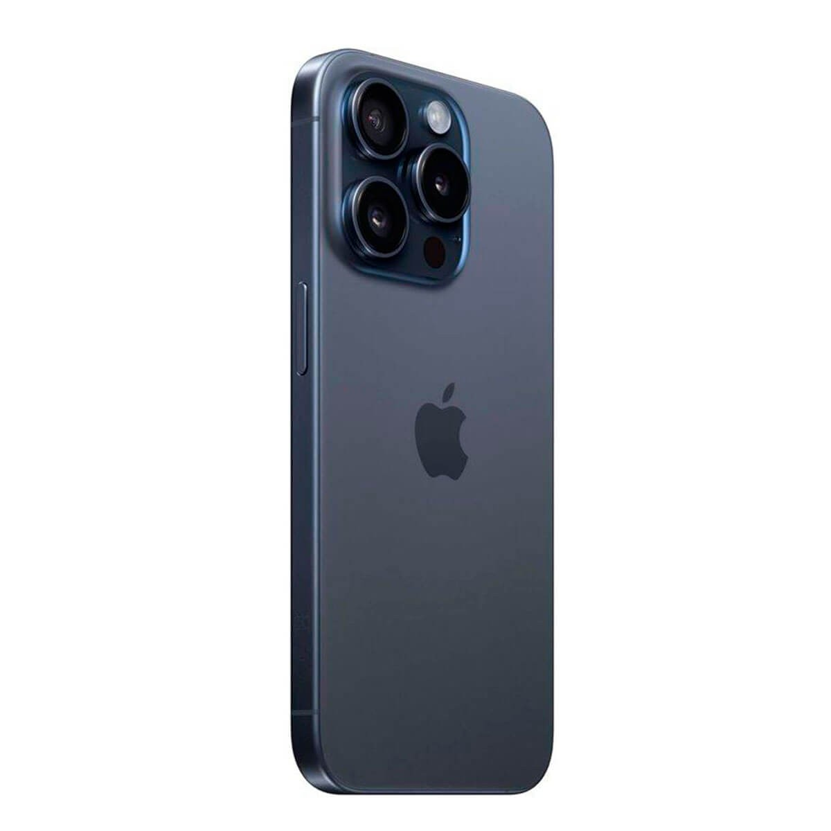 Tył ciemnoniebieskiego smartfona z potrójnym modułem aparatu i logo Apple na środku.