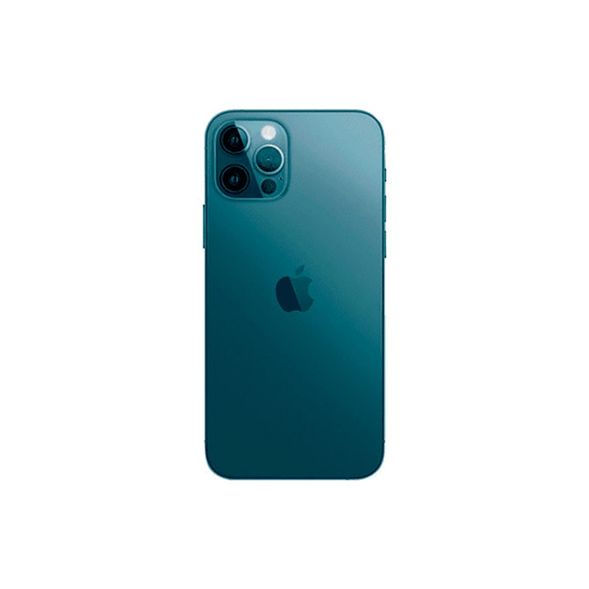 Retro di uno smartphone verde acqua scuro con tripla fotocamera e logo Apple.