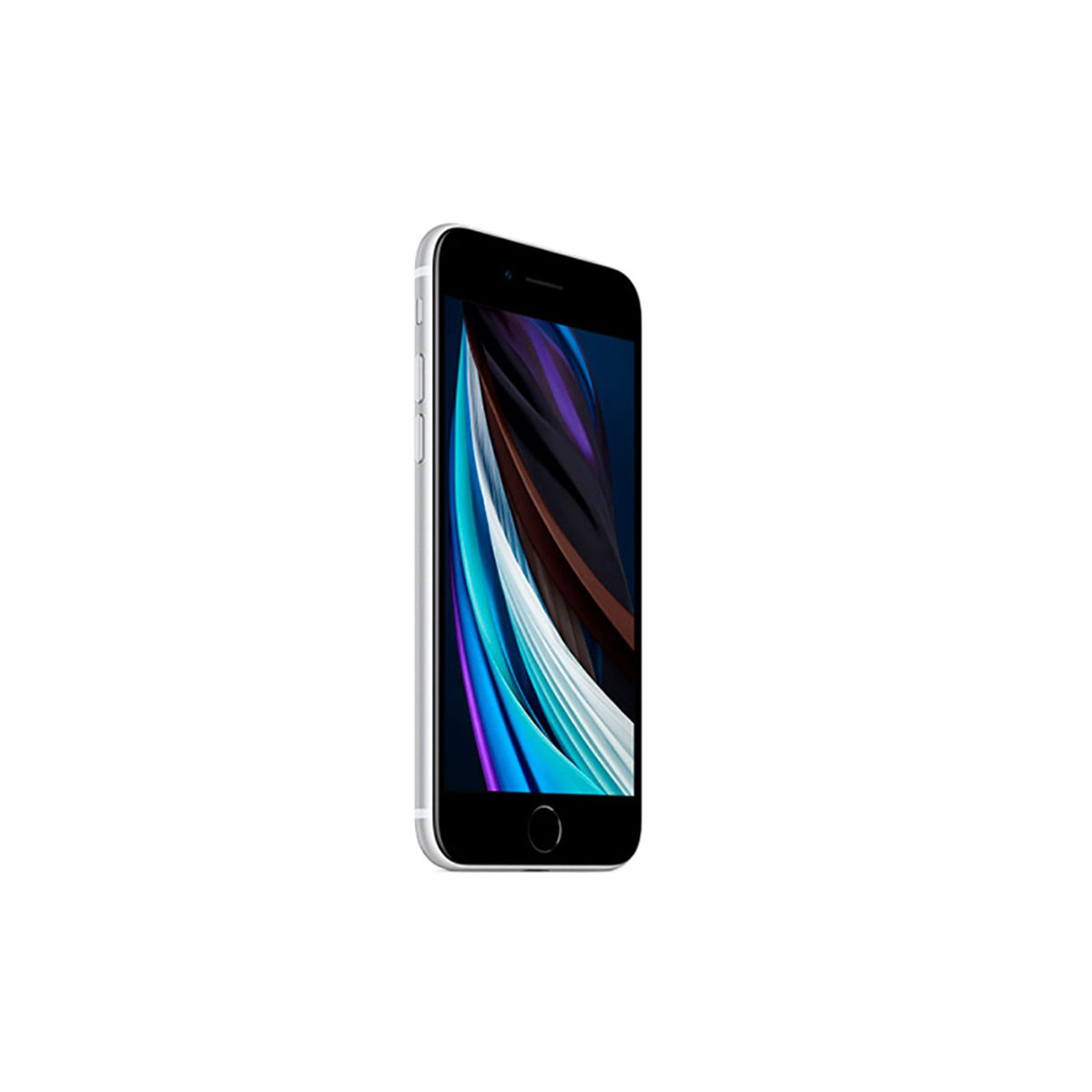 Un smartphone blanc avec un fond d'écran abstrait coloré est légèrement incliné sur fond blanc.