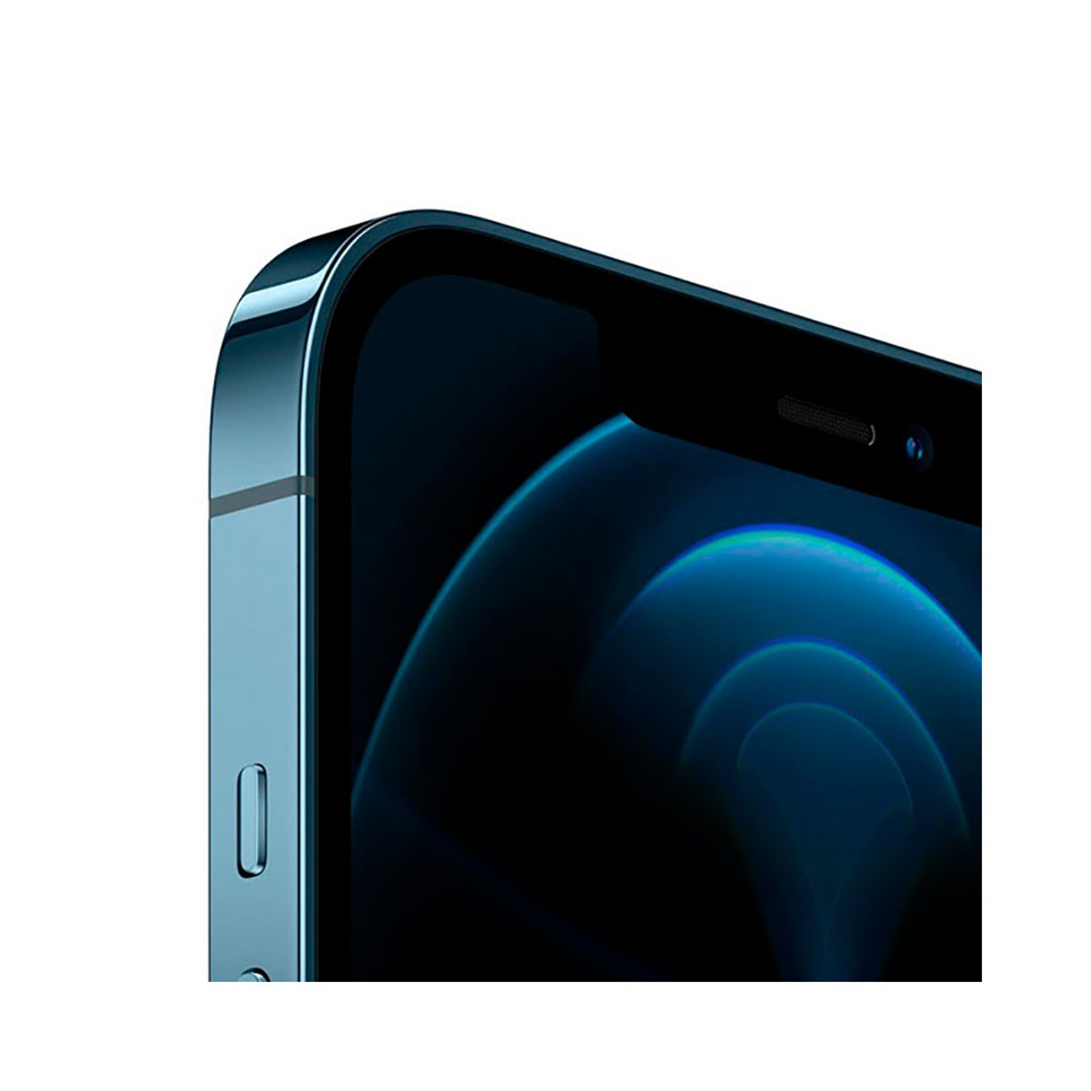 Primo piano dell'angolo superiore sinistro di uno smartphone blu con schermo curvo e tasto laterale.