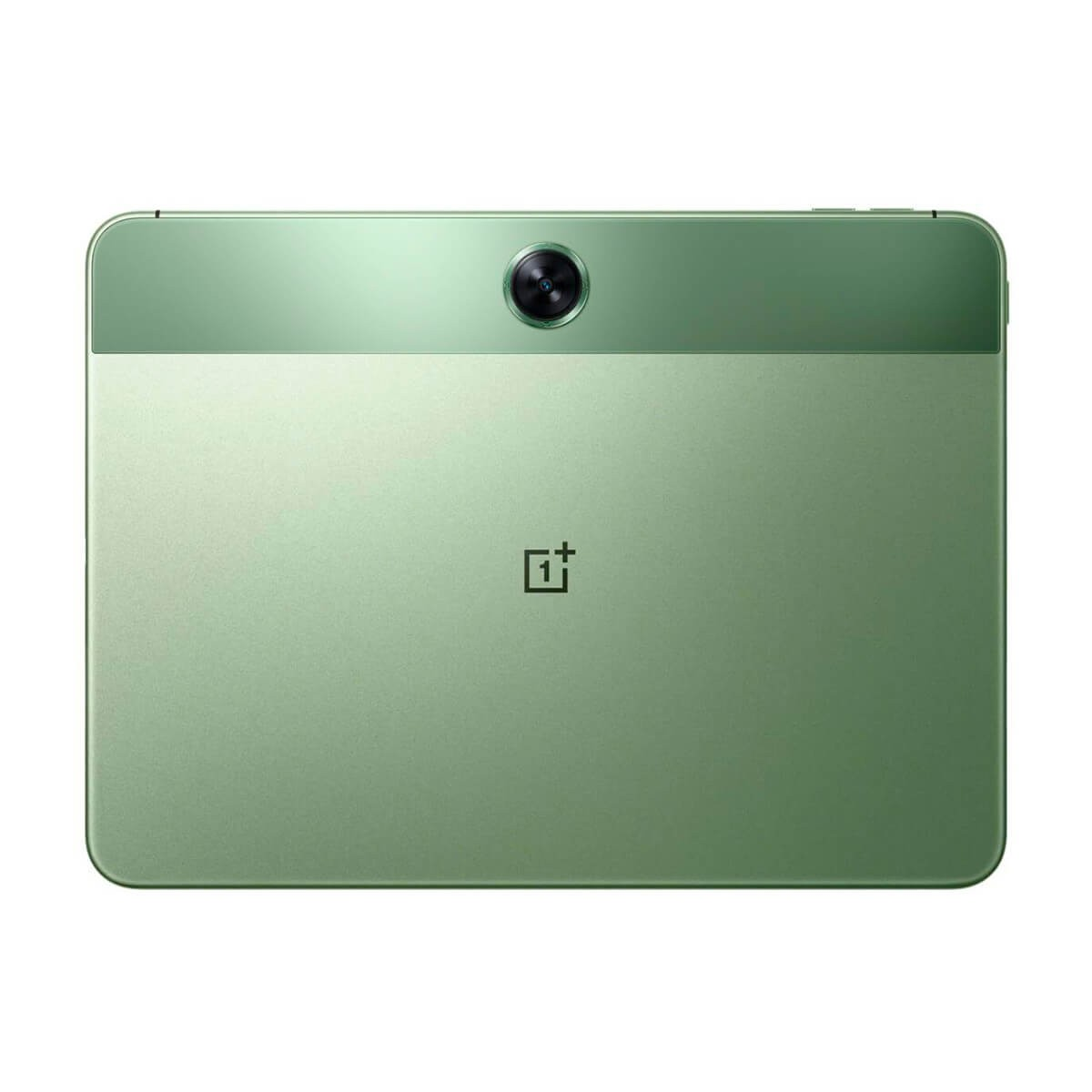 Parte trasera de una tableta OnePlus verde con una cámara superior centrada y el logo corporativo en el centro.