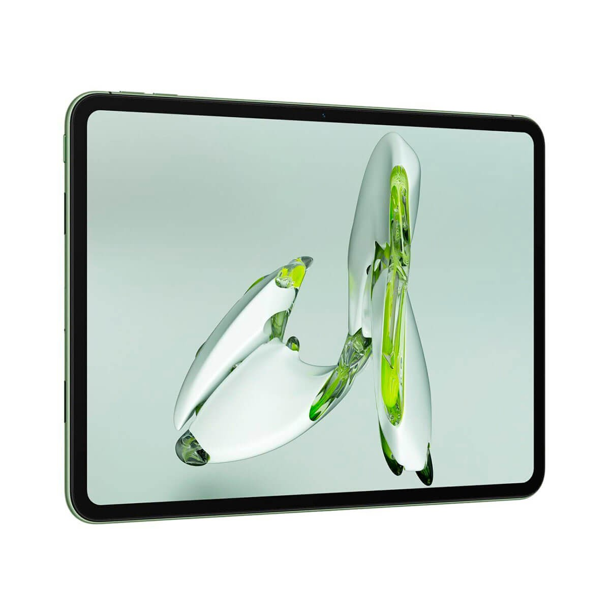 Una tableta de color verde muestra un diseño abstracto y fluido en verde y plata en su pantalla.