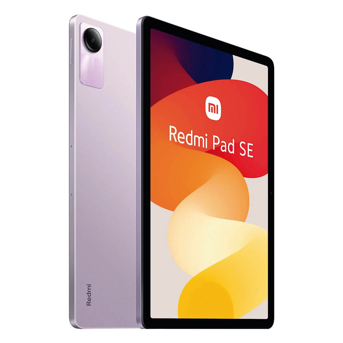 Ein lila Redmi Pad SE Tablet zeigt den Startbildschirm, links daneben die Rückseite mit Kamera.