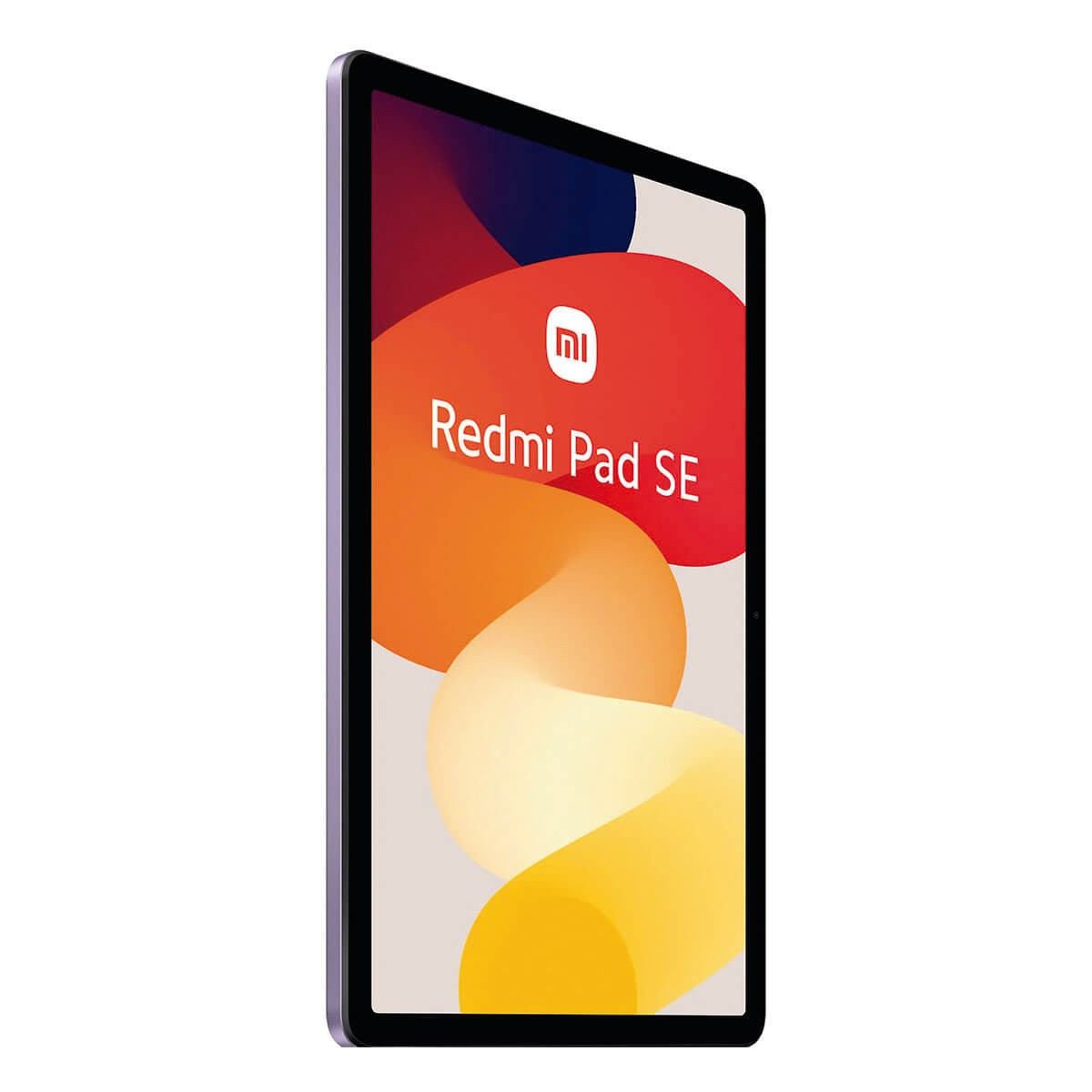 Ein lilafarbenes Redmi Pad SE Tablet zeigt einen bunten Bildschirm mit rotem, orangenem und gelbem Wellenmuster.