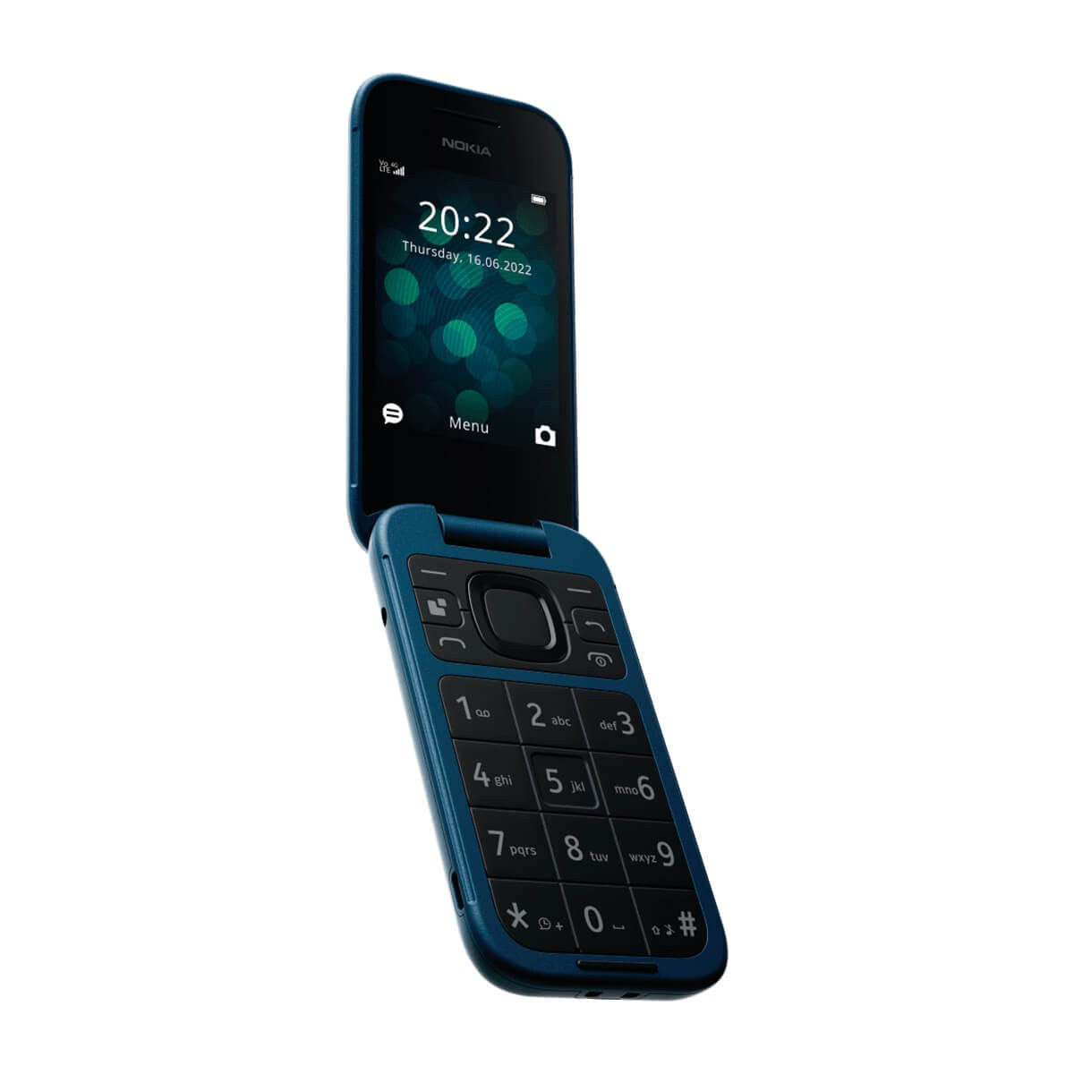 Un teléfono móvil de concha Nokia azul con un teclado físico y una pantalla que muestra la hora.