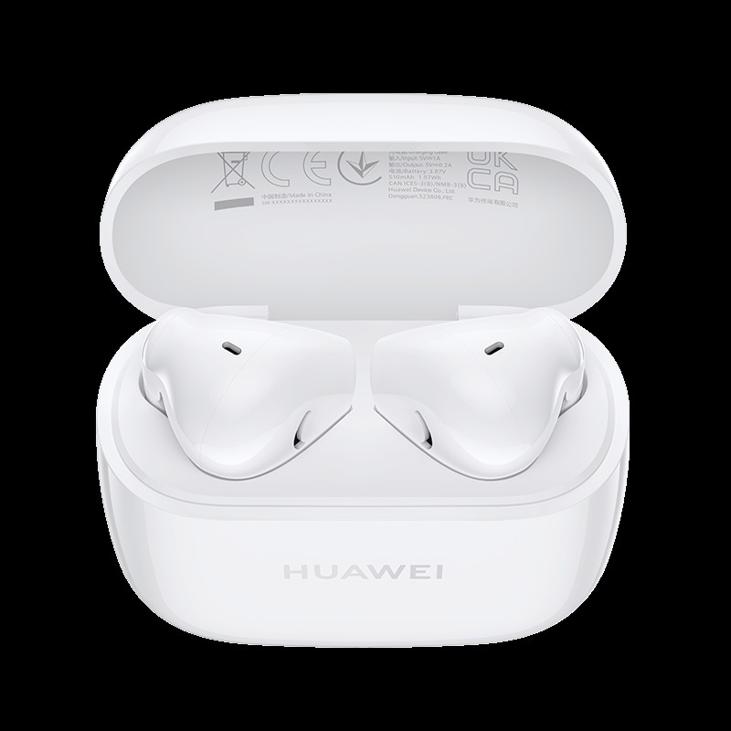 Weiße Huawei In-Ear-Kopfhörer in einem offenen, runden Ladeetui mit technischen Angaben im Inneren.