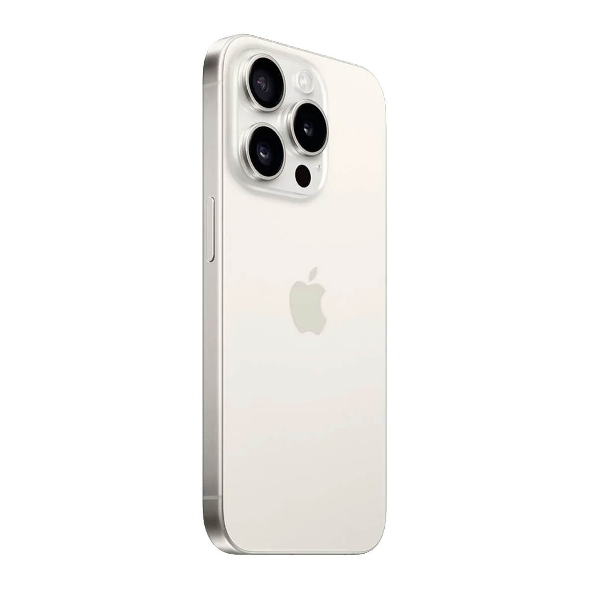 Ein silbernes Smartphone mit Dreifach-Kamera und Apple-Logo auf der Rückseite vor weißem Hintergrund.