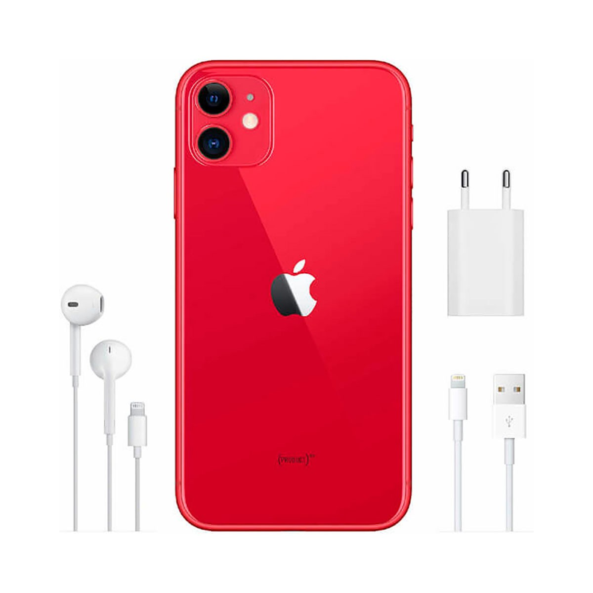 iPhone rojo con cable de carga blanco, adaptador de corriente y auriculares sobre fondo blanco.