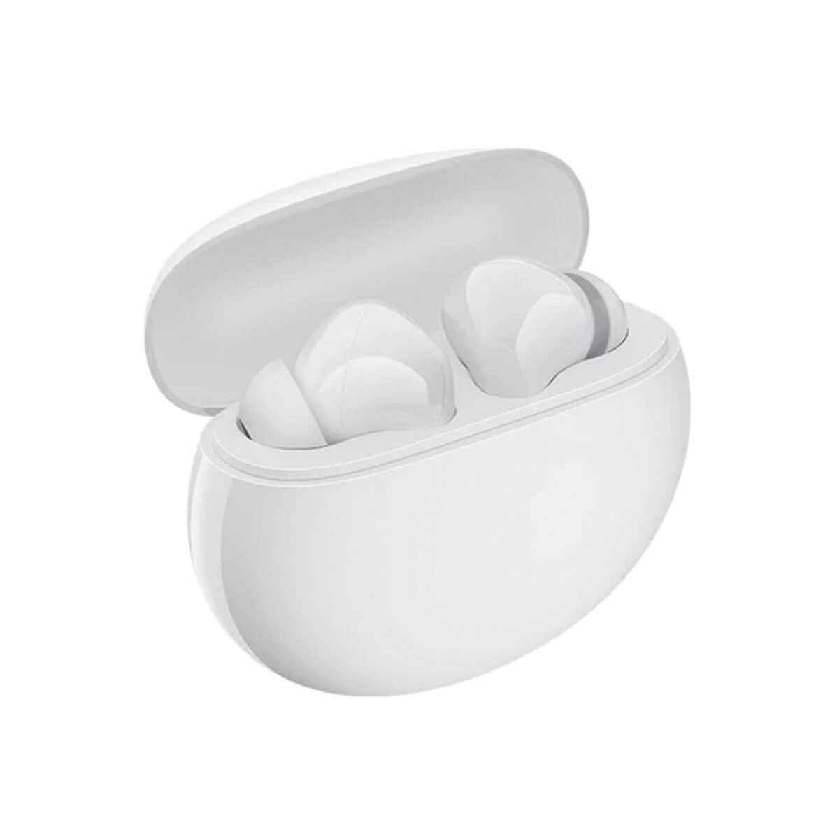 Una custodia di ricarica bianca è aperta, mostrando due auricolari wireless bianchi all'interno su sfondo bianco.