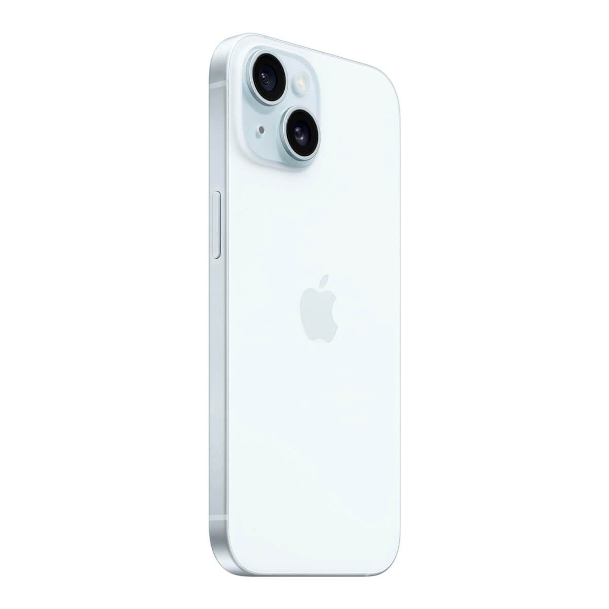Achterkant van een lichtblauwe smartphone met dubbele camera en Apple-logo op witte achtergrond.
