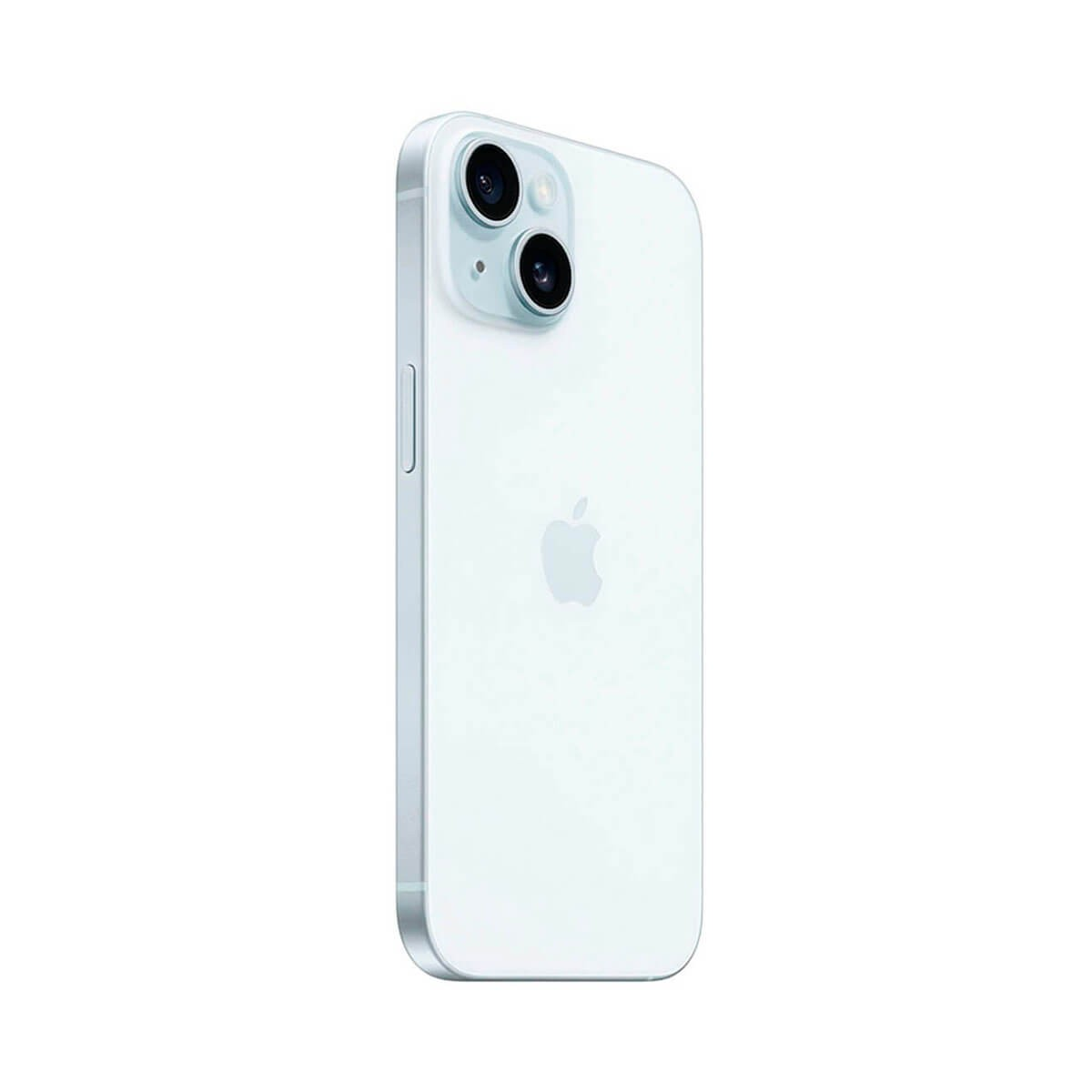Achterkant van een lichtblauwe smartphone met twee cameralenzen en een Apple-logo.