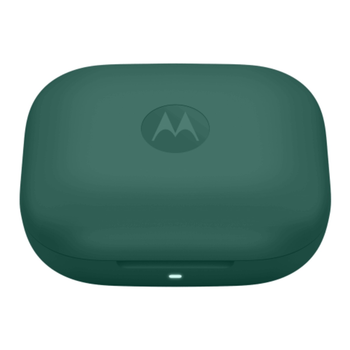 Ein geschlossenes, dunkelgrünes Motorola Ladeetui für kabellose Ohrhörer mit einer LED-Leuchte vorne.