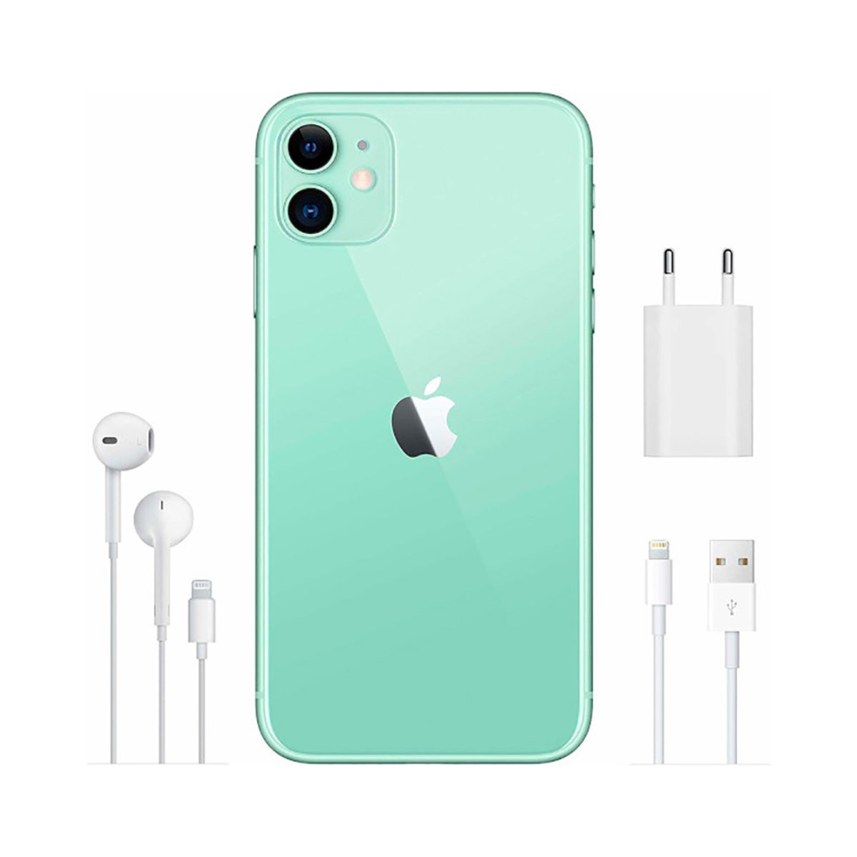 Smartphone verde menta con doppia fotocamera, auricolari bianchi, caricatore a muro e cavo USB su sfondo bianco.