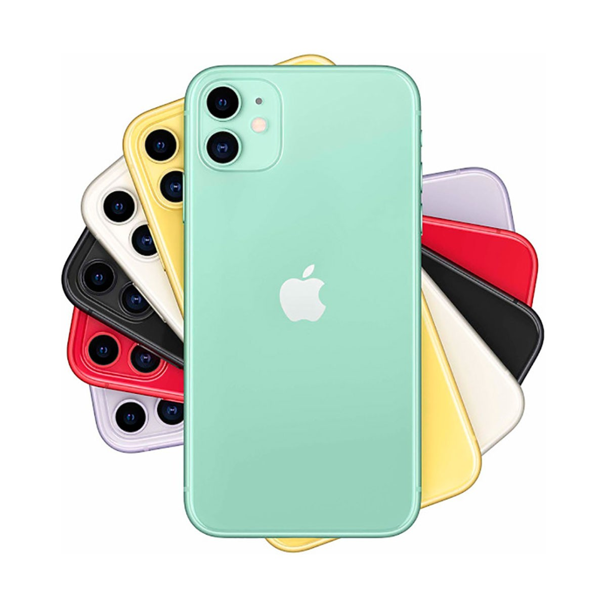 Diversi iPhone colorati disposti a stella su sfondo bianco, con un modello verde in primo piano.
