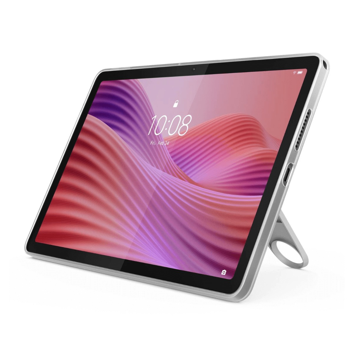 Een zilveren tablet met roze achtergrond en ingebouwde standaard tegen een witte achtergrond.