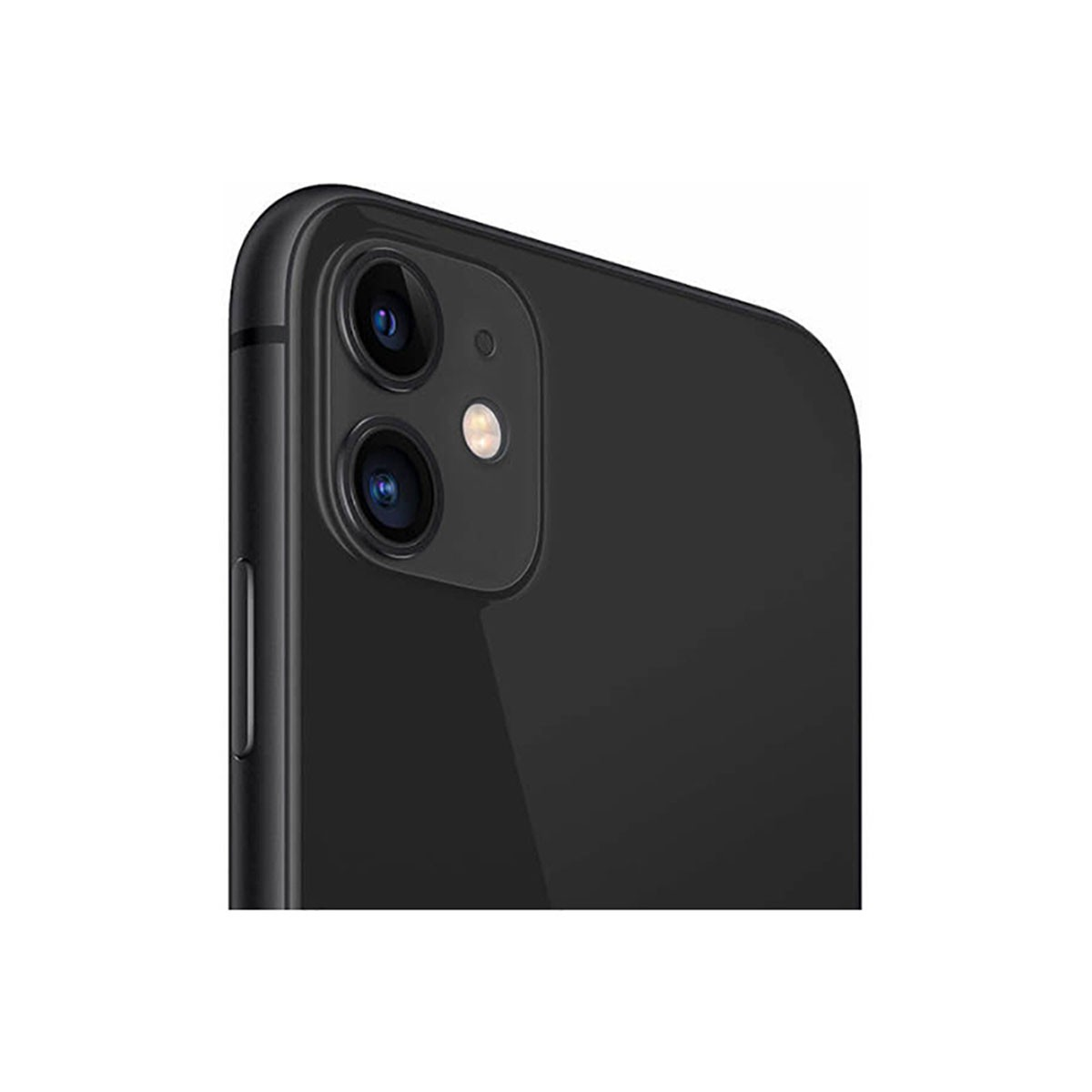 Retro di uno smartphone nero con modulo fotocamera doppia quadrato e flash LED su sfondo bianco.