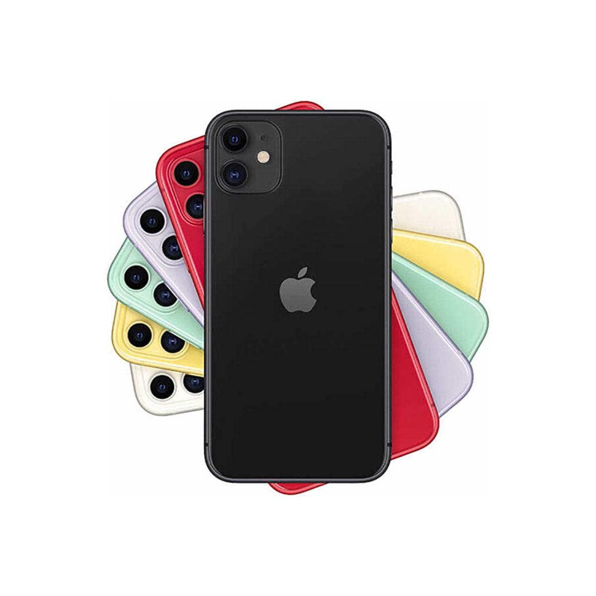 Un iPhone nero sopra un ventaglio di iPhone colorati su sfondo bianco.