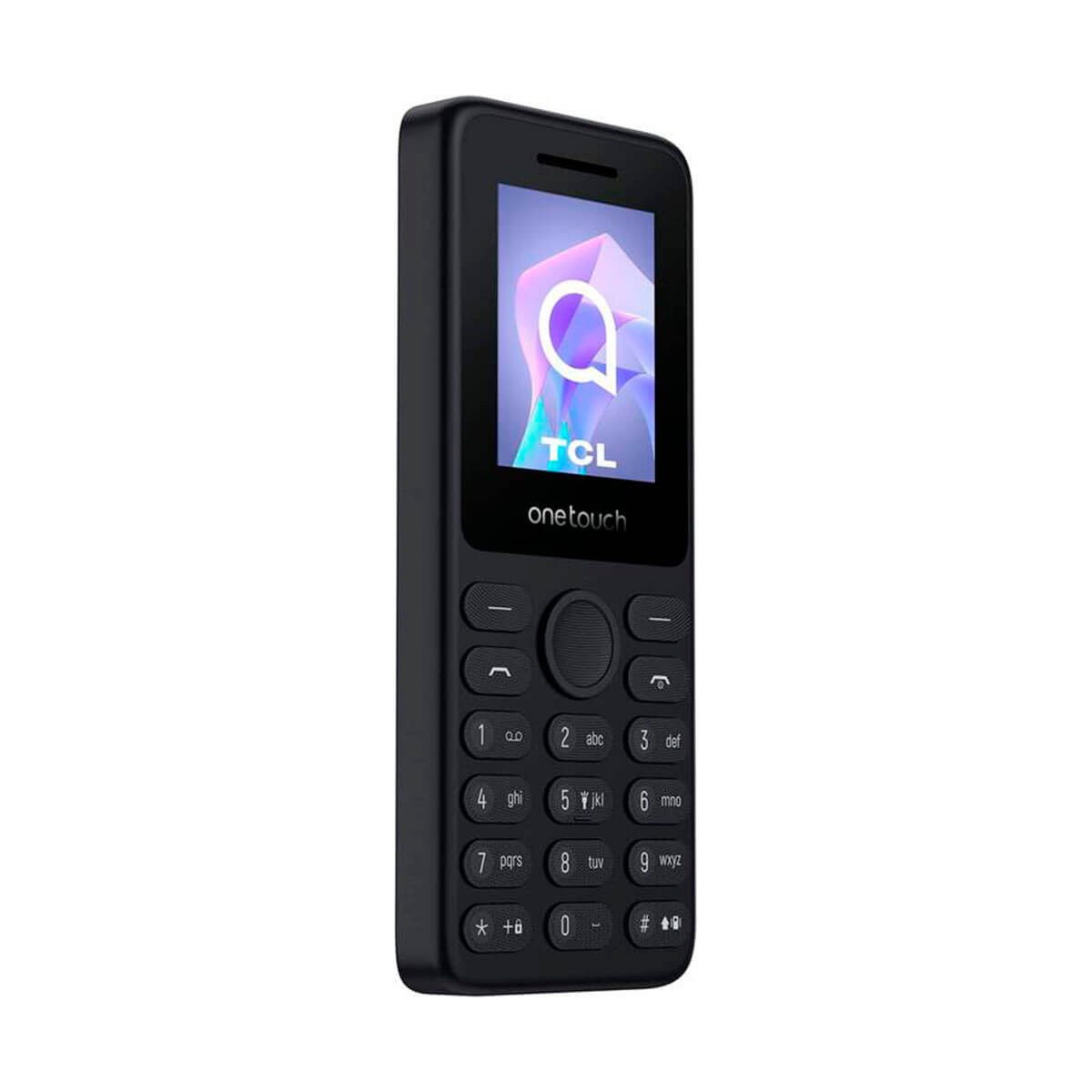 Un telefono cellulare nero con tastiera fisica e schermo colorato con logo TCL onetouch.