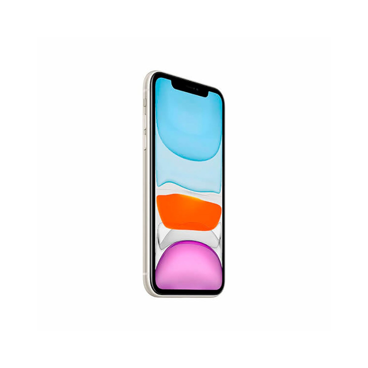 Uno smartphone bianco con uno sfondo colorato sullo schermo è mostrato su sfondo bianco.