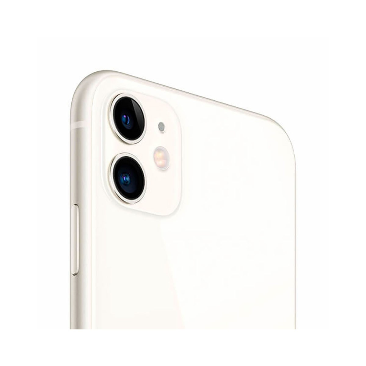 Primo piano della fotocamera posteriore a doppia lente e del flash su uno smartphone bianco.