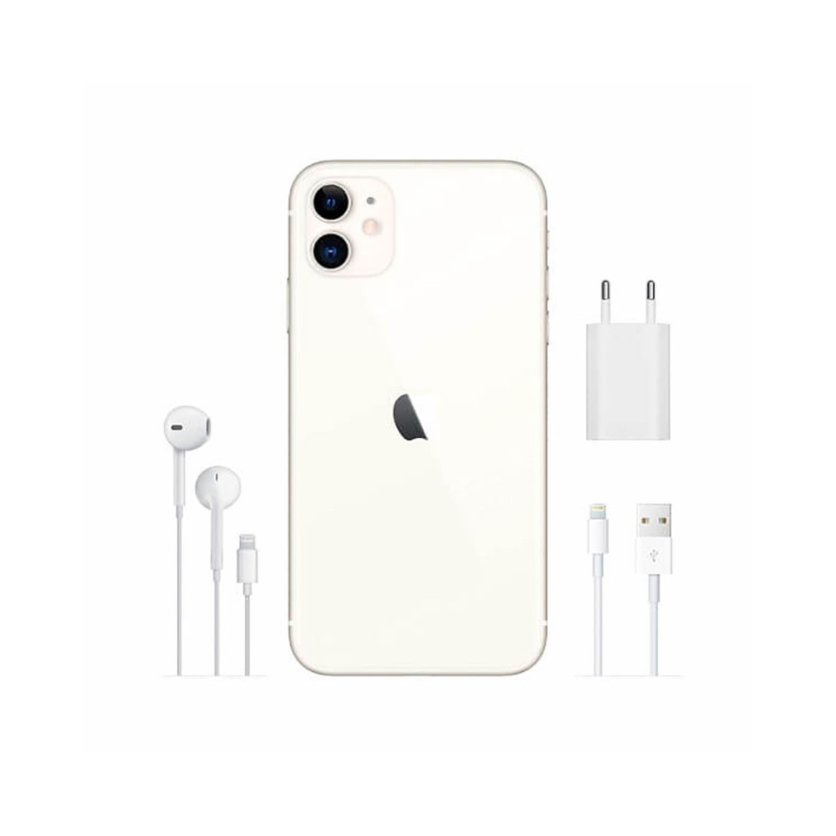 Smartphone bianco con doppia fotocamera, auricolari, alimentatore e cavo USB su sfondo bianco.