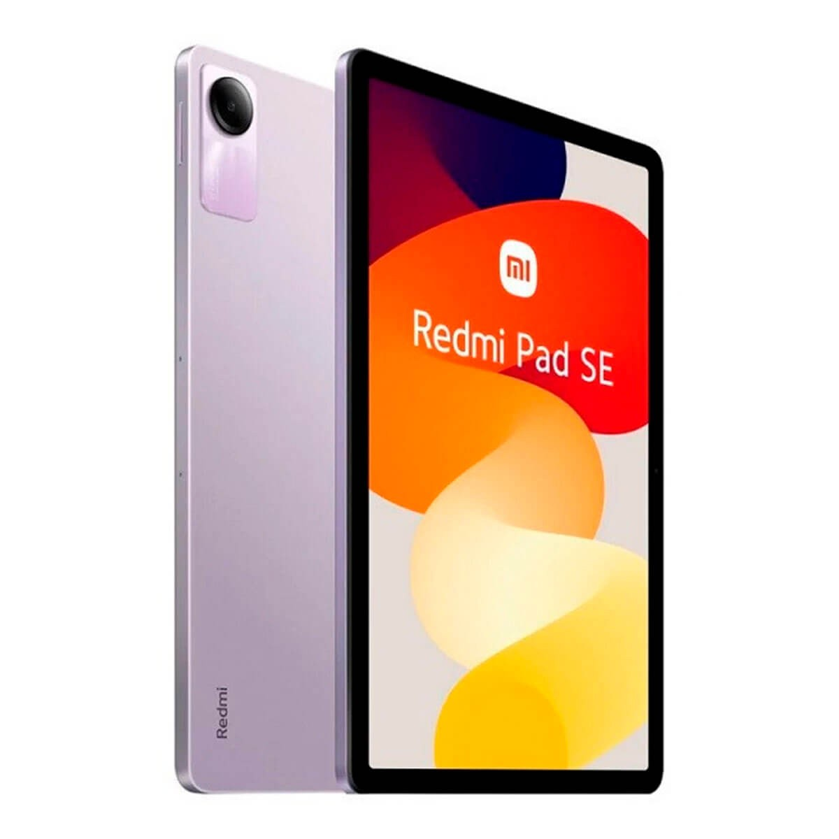 Dos vistas de una tableta Redmi Pad SE de color morado claro con su cámara trasera y pantalla.