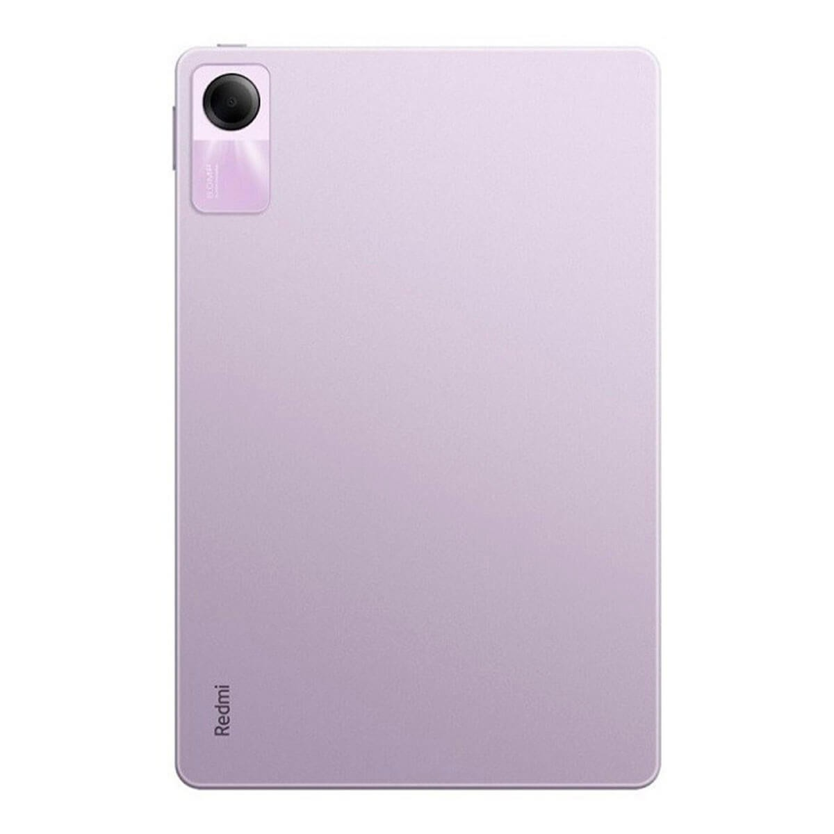Parte trasera de una tablet Redmi morado claro con cámara superior izquierda y logo de Redmi.