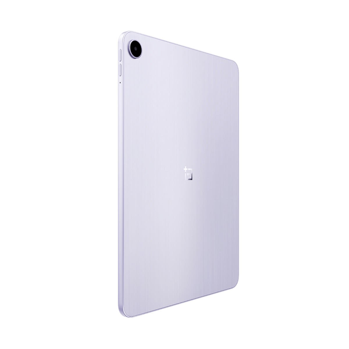 Il retro di un tablet viola chiaro con fotocamera in alto a sinistra e logo centrale su sfondo bianco.