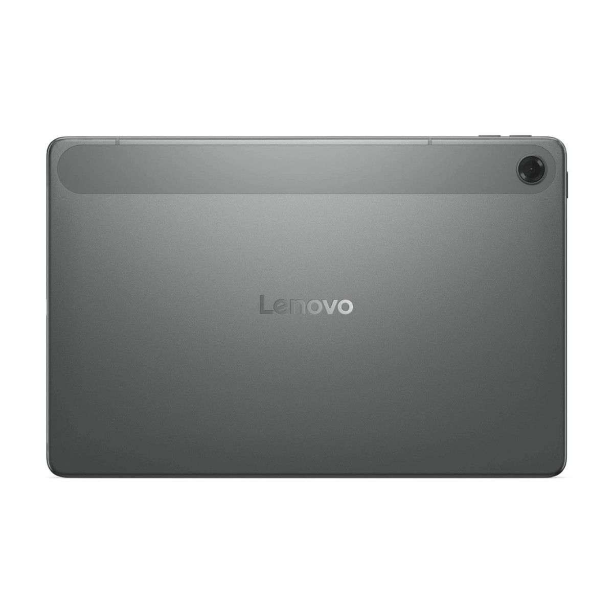 Achterkant van een grijs Lenovo-tablet met camera en logo.