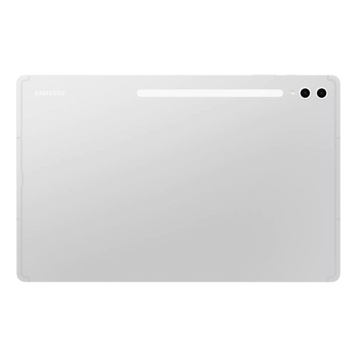 Retro di un tablet Samsung argentato con striscia per stilo orizzontale e due fotocamere.