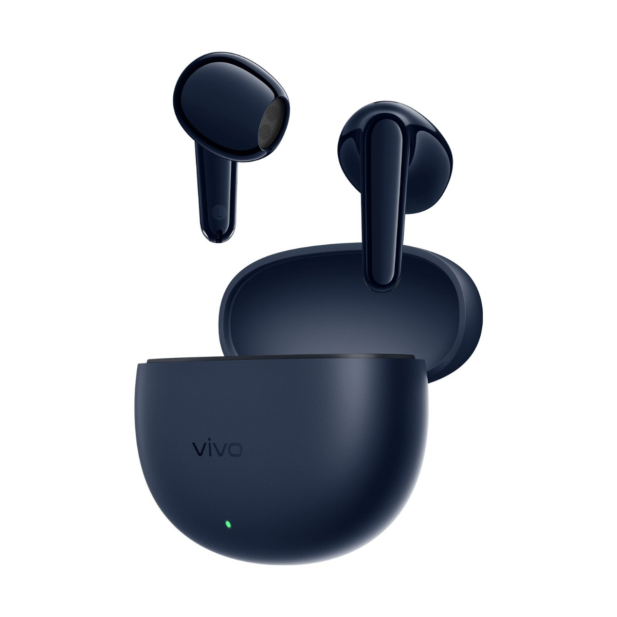 Auricolari wireless Vivo blu scuro e custodia di ricarica su sfondo bianco.