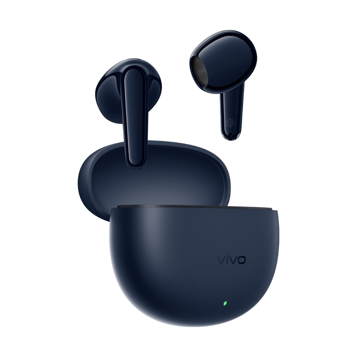 Auricolari wireless Vivo blu scuro con custodia di ricarica aperta su sfondo bianco.