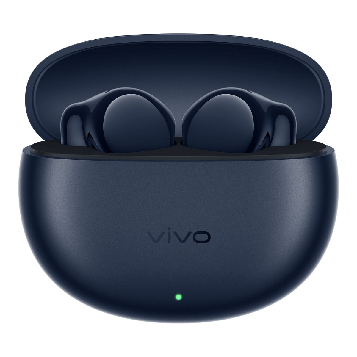 Auricolari wireless blu scuro in una custodia con logo Vivo e una piccola spia verde accesa.