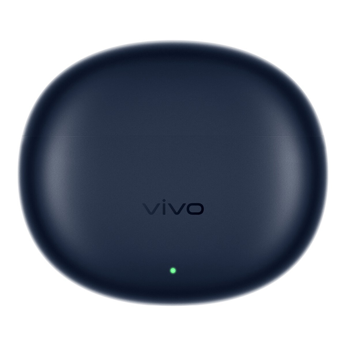 Custodia di ricarica ovale blu scuro per auricolari vivo con una piccola luce LED verde e il marchio al centro.