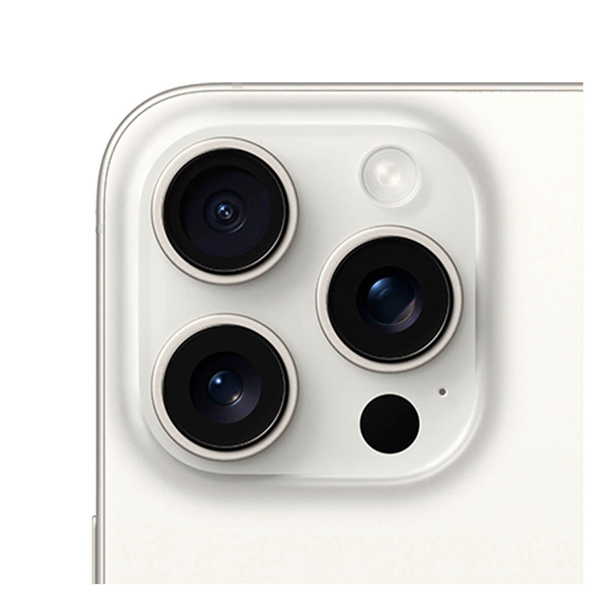 Cámara trasera de un smartphone blanco con tres lentes, flash y sensor en un módulo cuadrado.