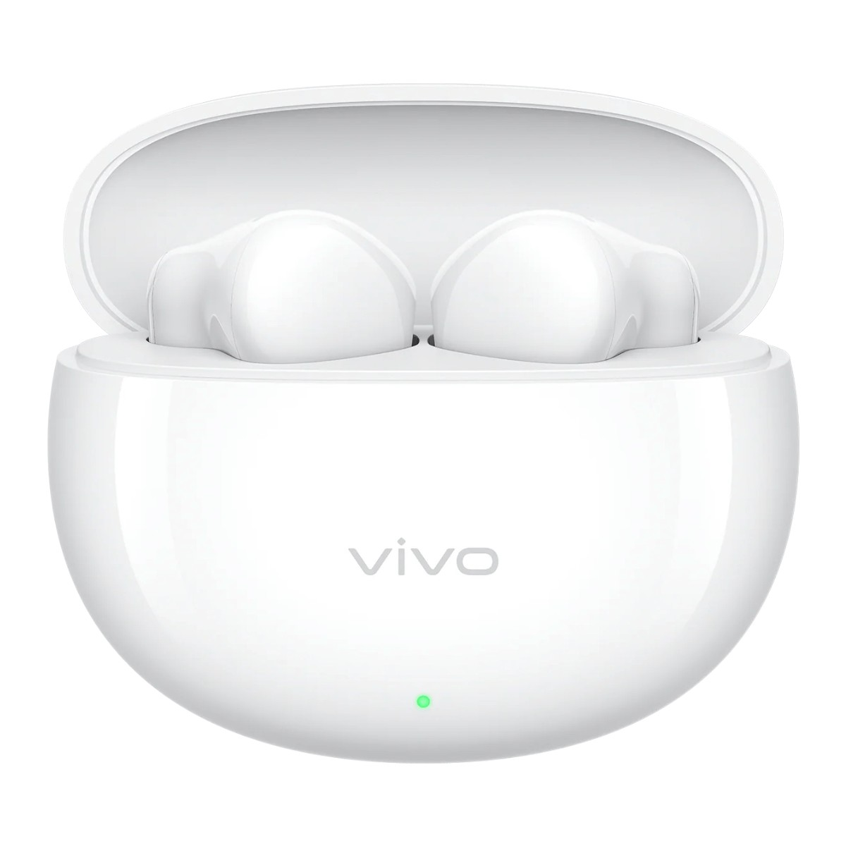 Glänzendes weißes Vivo-Ladecase mit geöffnetem Deckel, das zwei weiße Ohrhörer im Inneren zeigt, mit grüner LED.