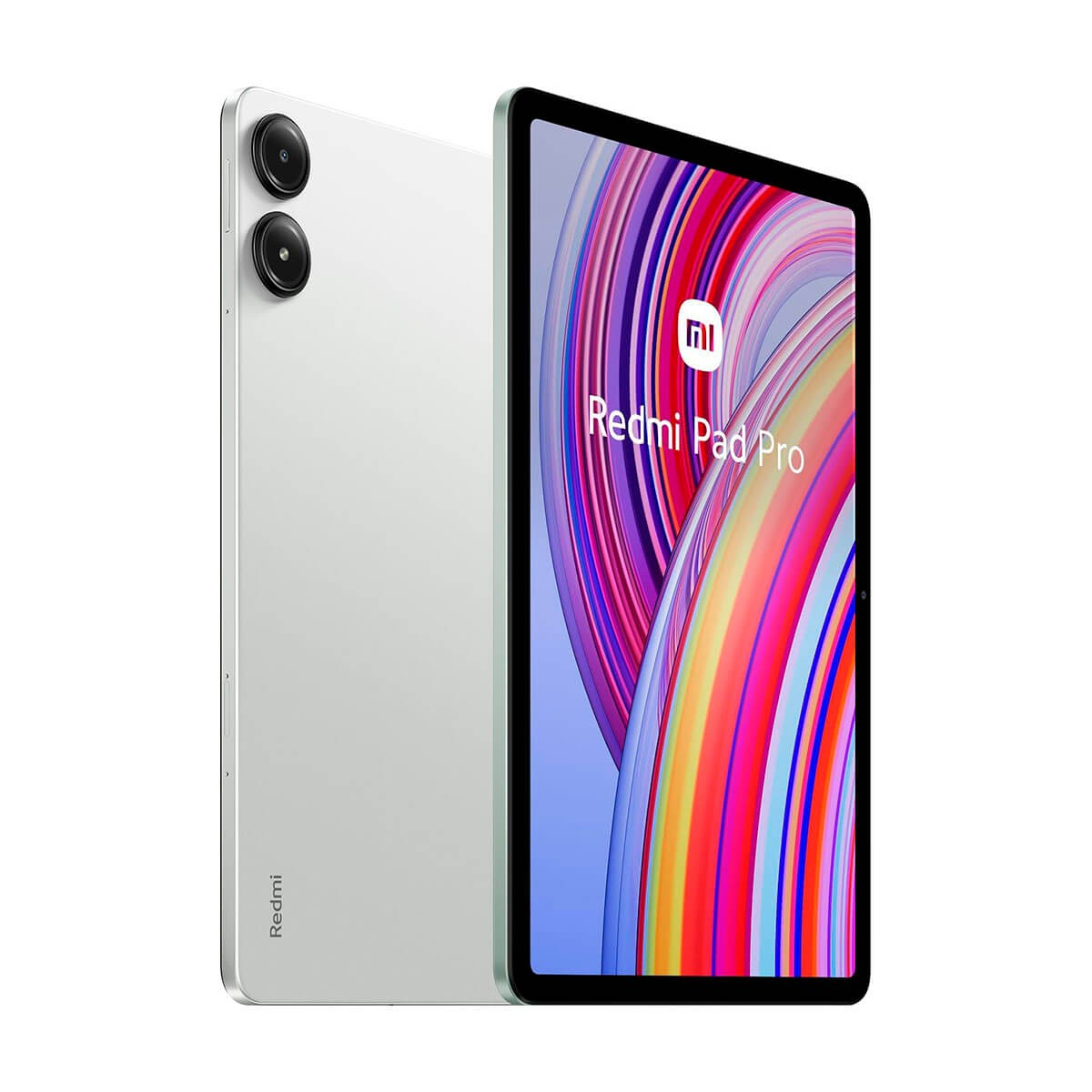 Tablet Xiaomi Redmi Pad Pro argento con due fotocamere posteriori e schermo colorato.