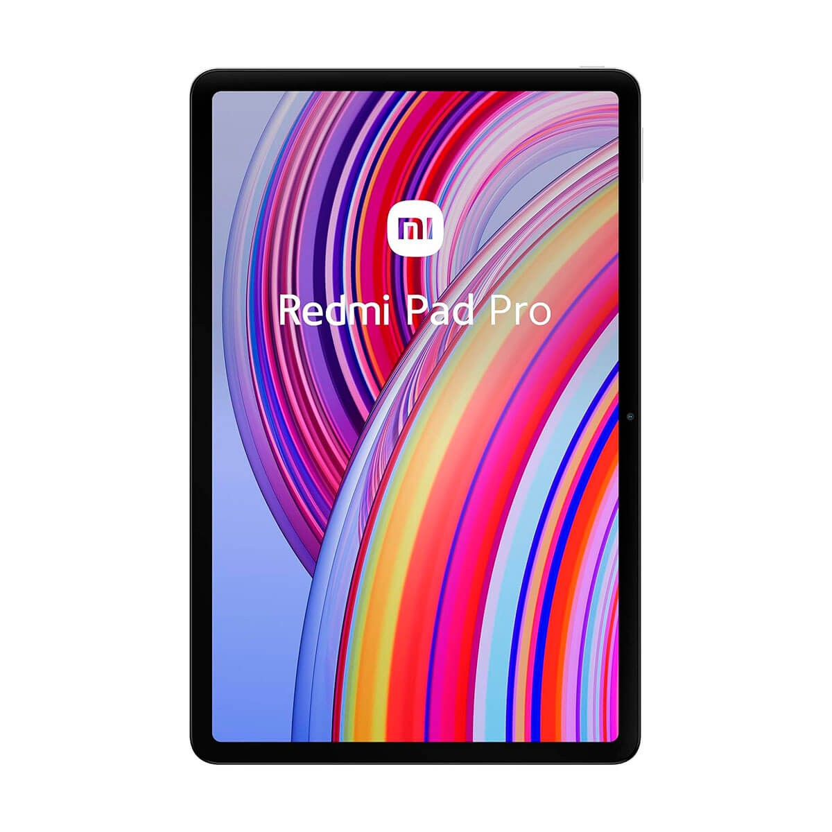 Un Redmi Pad Pro nero con uno sfondo colorato e curvo e il logo Xiaomi visualizzato sullo schermo.