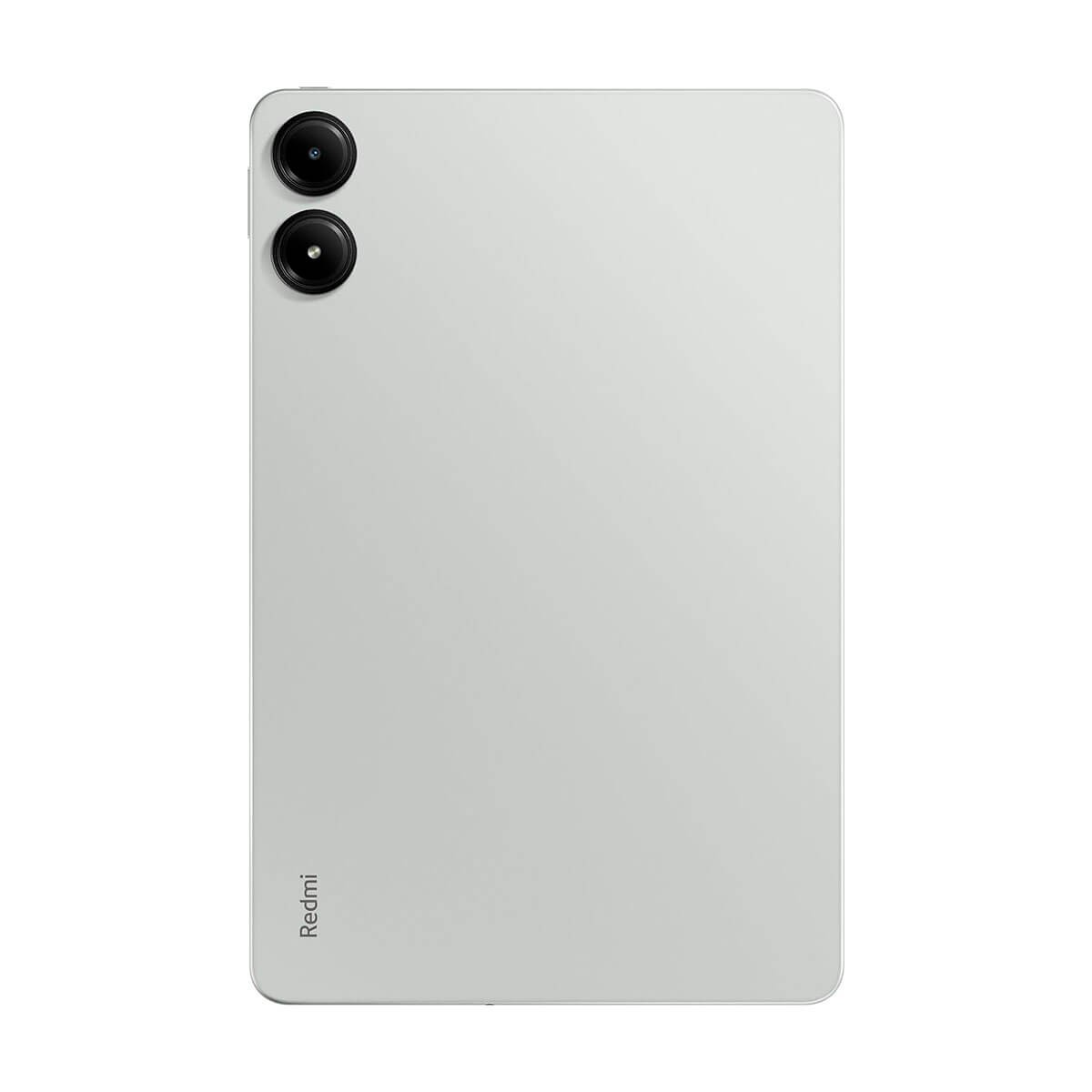 Retro di un tablet Redmi argento con due fotocamere rotonde in alto a sinistra e logo Redmi in basso a sinistra.