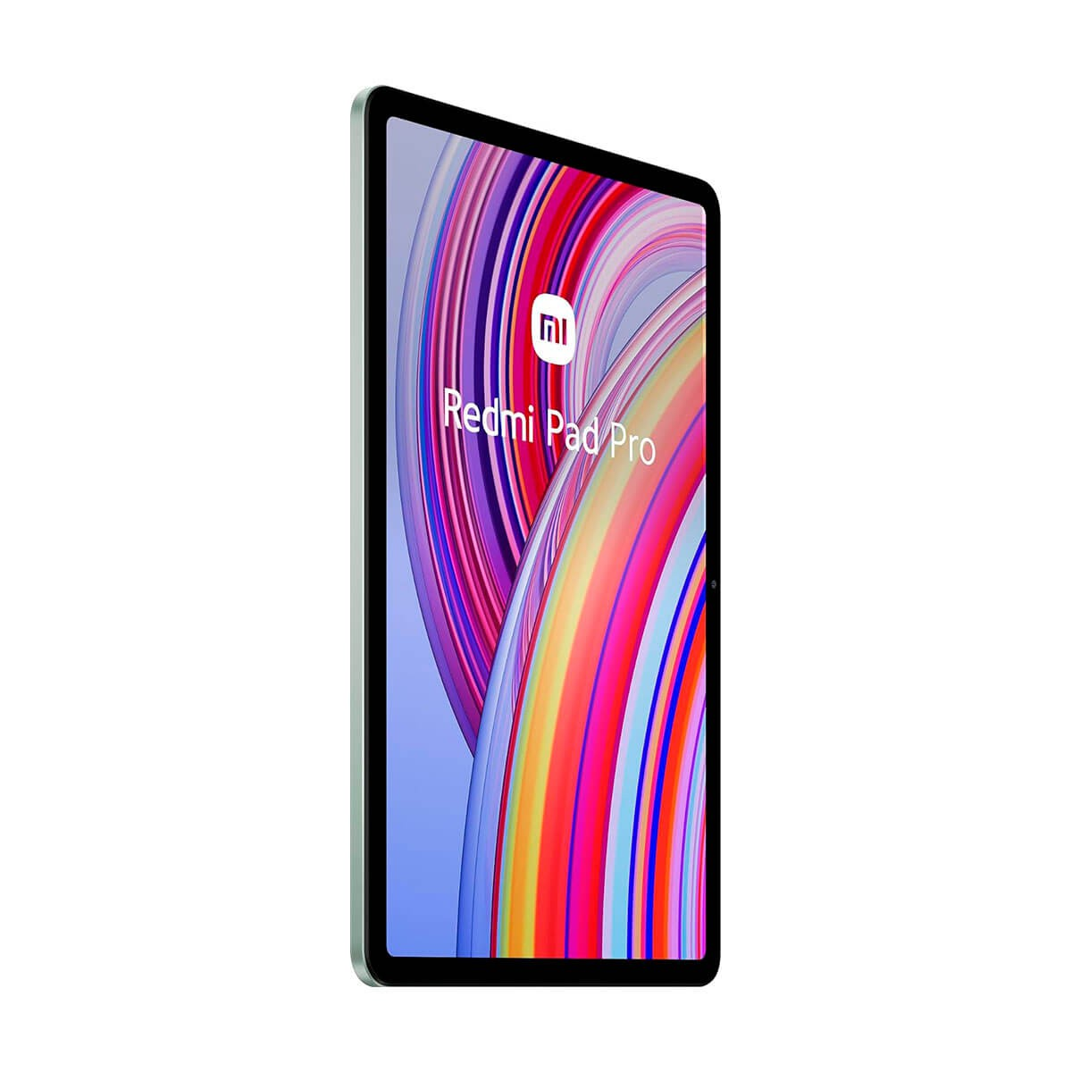 Un tablet Redmi Pad Pro verde mostra uno sfondo astratto colorato e il logo Xiaomi.