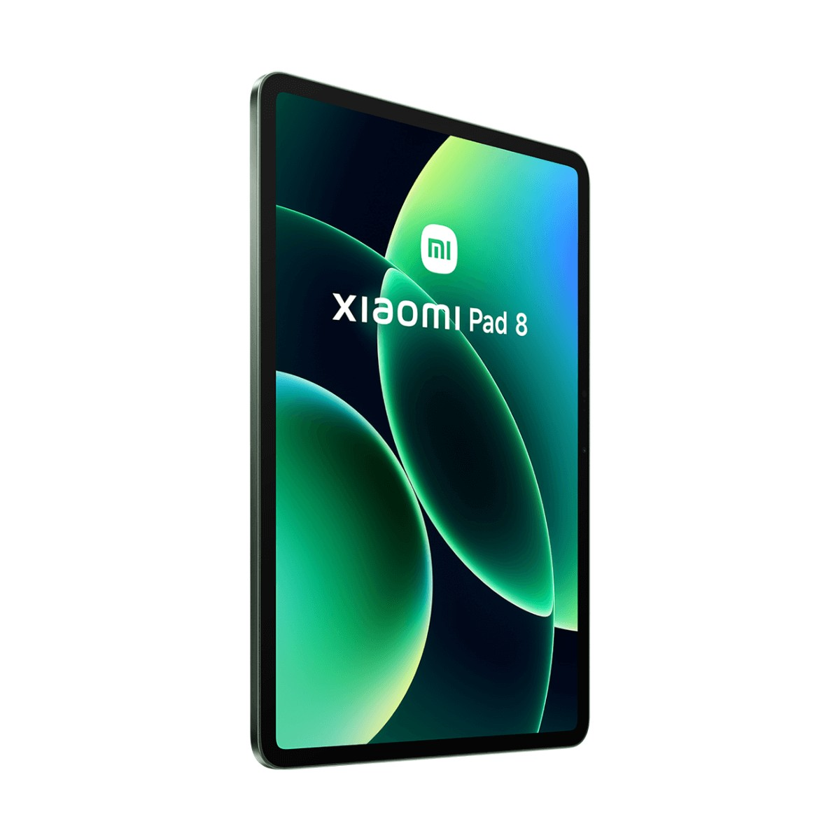 Un tablet Xiaomi Pad 8 in custodia grigia mostra uno schermo verde con il logo Xiaomi su sfondo bianco.
