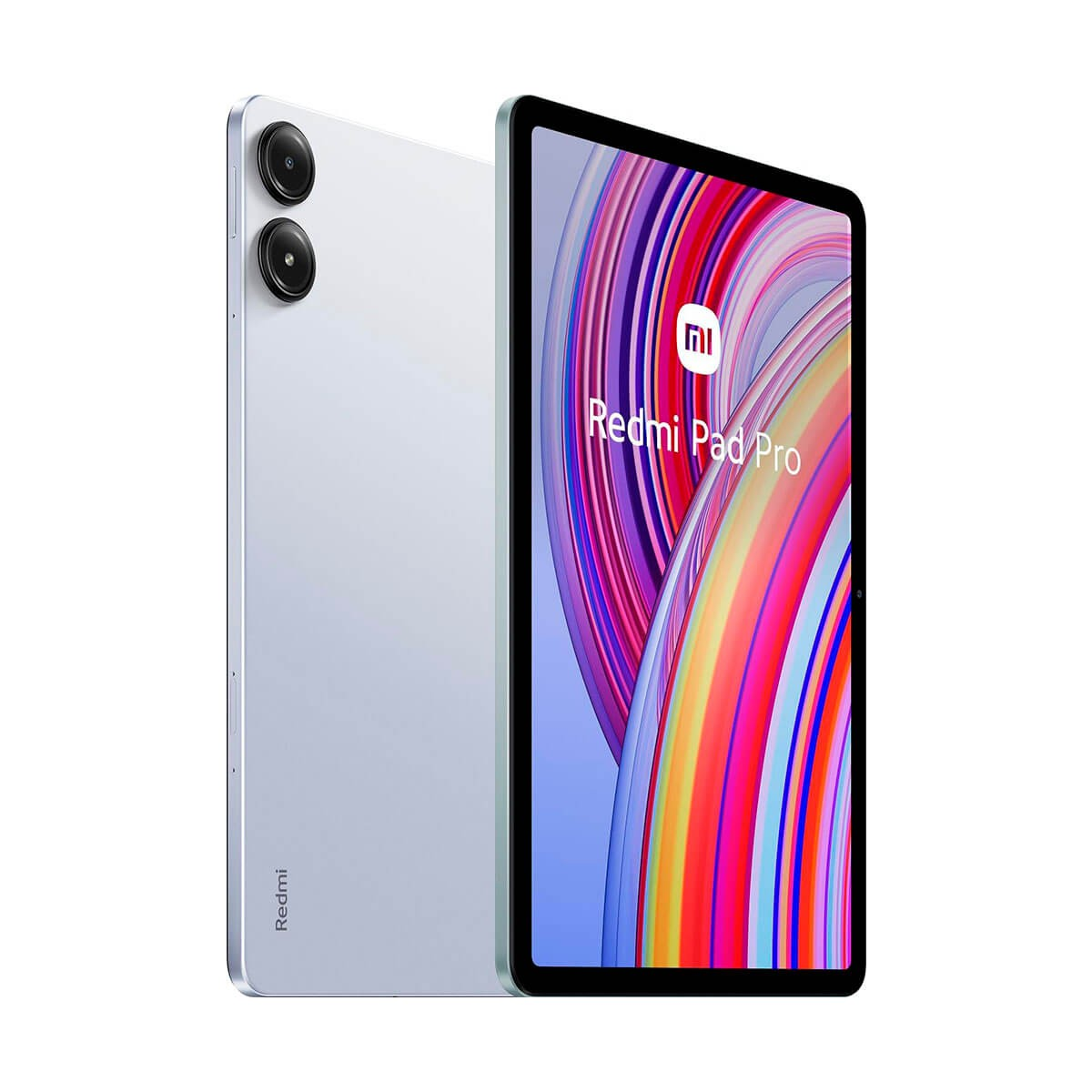 Vista anteriore e posteriore del tablet argentato Redmi Pad Pro con schermo colorato e doppia fotocamera.