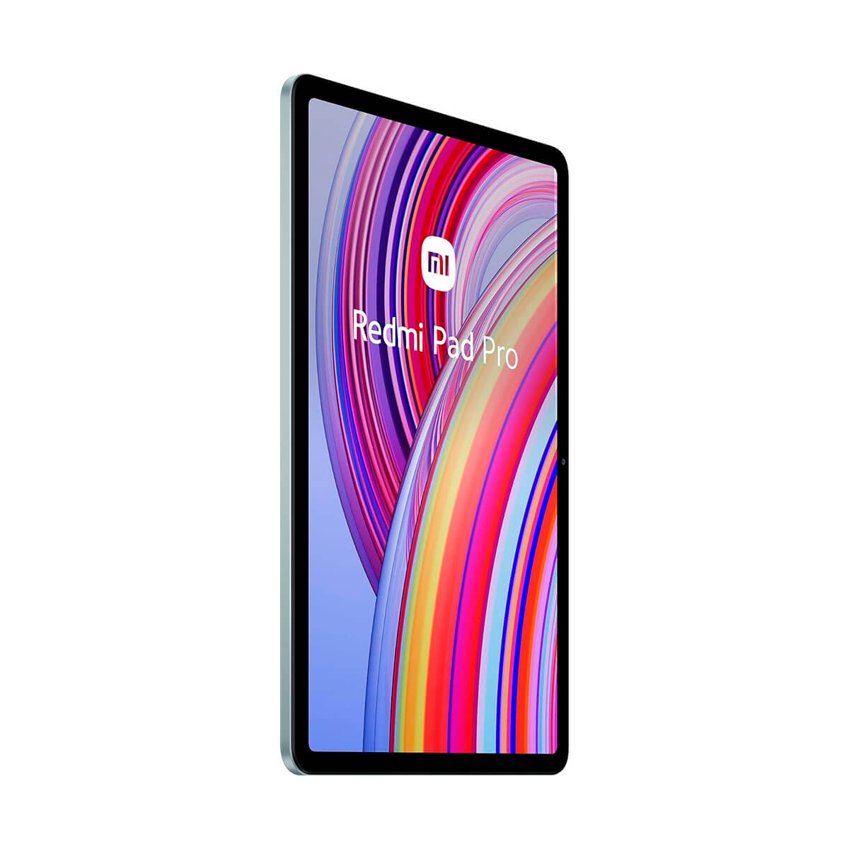 Vista angolata di un tablet argento Redmi Pad Pro con uno sfondo astratto colorato.