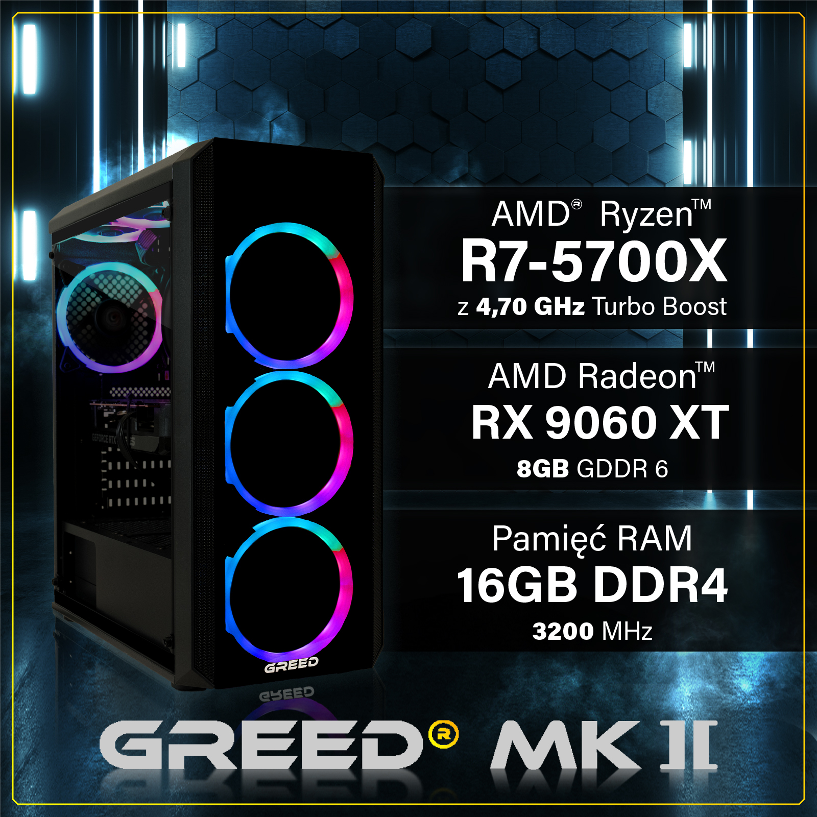Czarny komputer gamingowy z wentylatorami RGB oraz tekstem opisującym procesor Ryzen, grafikę Radeon i 16 GB RAM.