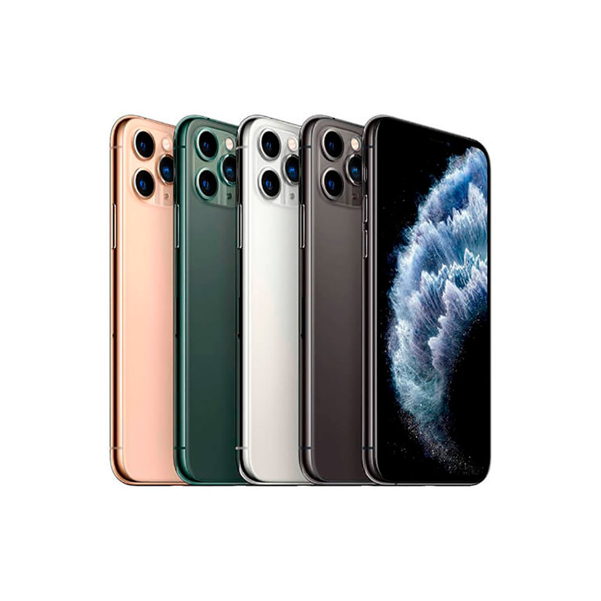 Quattro smartphone in oro, verde, argento e grigio siderale allineati su sfondo bianco.