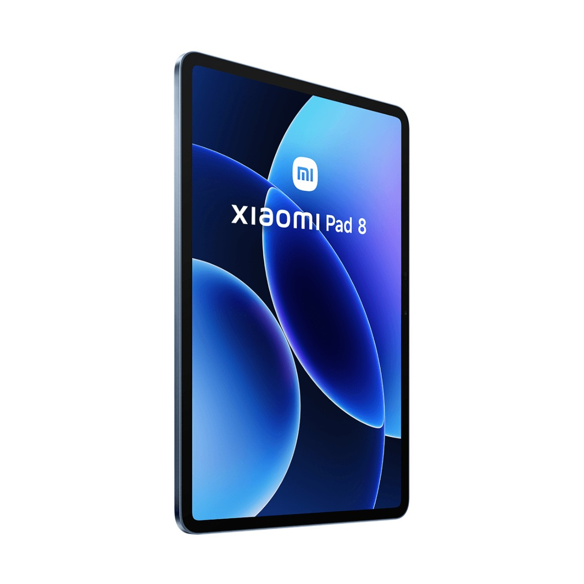 Un tablet Xiaomi Pad 8 con uno sfondo blu sullo schermo è mostrato su sfondo bianco.